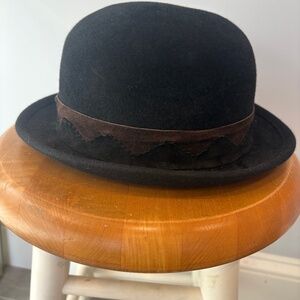 Vintage ANDREW WILKIE LONDON Black Felt Bowler Hat with Brown Suede Trim